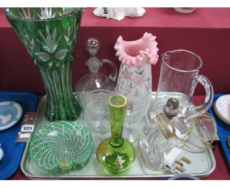 Green Glass Lilypad Dish, claret jug, green flash glass vase, St. Louis lamp (chipped), etc:- One Tray