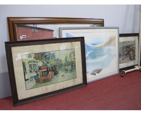 After Ludovici, coaching scenes, a pair of colour prints 30 x 49.5cm, a large print and Peter D Davis landscape. (4)