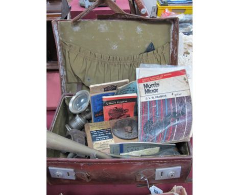 Panther &amp; Lucas Lamps, car horn, 'The Scott', 'Lucas' and other magazines, transport memorabilia, in case.