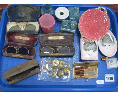 Ceramica Di Milano Trinket Pot and Oval Pin Tray, tunic buttons, early XX Century spectacles, etc:- One Tray