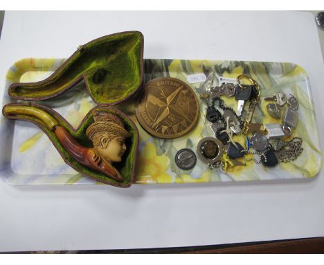 A 1951 Festival of Britain Powder Compact, Meerschaum pipe, the bowl as a man wearing hat, etc:- One Tray