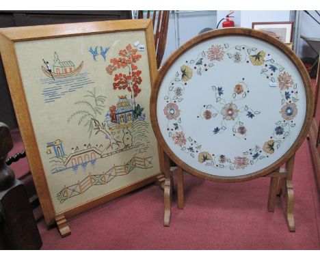 Mid XX Century Walnut Folding Coffee Table/Firescreen, the circular top 58cm diameter; oak framed firescreen. (2)