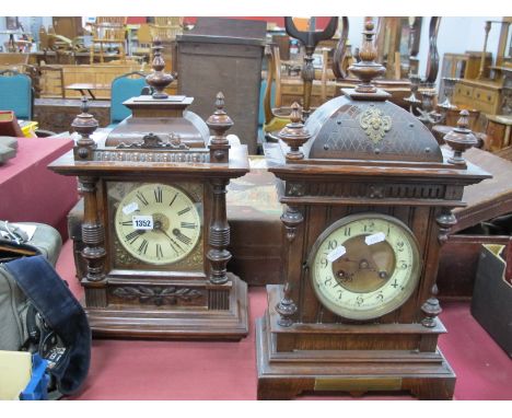 Junghans XIX Century Pine &amp; Oak Cased Mantle Clock, with turned fnials, eight day movement (chapter ring, cracked), anoth
