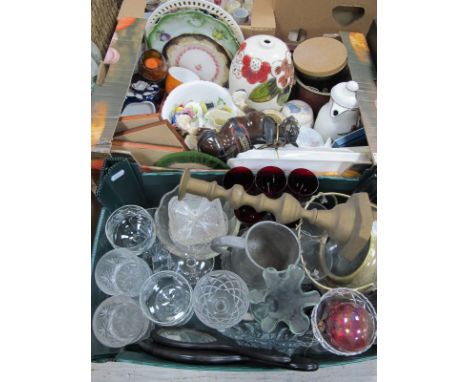 Glassware, China, Hughes Longport Lamp, small prints, etc:- Two Boxes