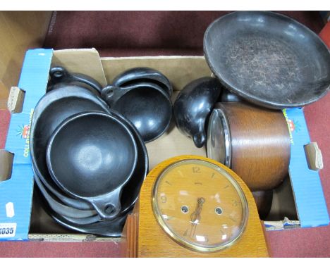 Guta Westminster Chimes Mantel Clock (needs attention), Smiths 8-Day mantel clock, ebonized table bowls.