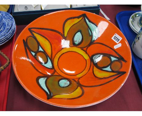 Poole Pottery Bowl, circa 1970's Delphis style abstract design on red ground, numbered 58 monogrammed, possibly Cynthia Benne
