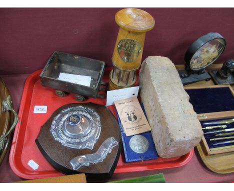 Mining Ephemera. Replica Davey Lamp, First Aid Medal, Fire Fighting Plaque. Burnley Mining Society Booklet 1955-56. Coal Tram