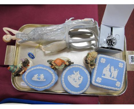 Three Hummel Figures, three Wedgwood trinket boxes Juliana Collection figure, etc:- One Tray