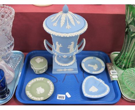 Wedgwood Powder Blue Jasper Ware Campagna Urn, with twin handles and lid, 28cm high, three ashtrays and trinket box.