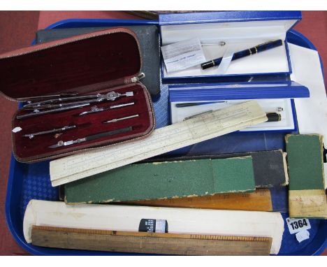 Two Waterman Pen Sets, Anker Geometry Set, Staedler Precision Set, slide rules and rulers, etc:- One Tray