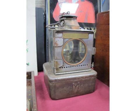 LNER Railway Signal Oil Lamp, Reg No. 711205 Welch patent, approximately 23.5cm high, with handle down.