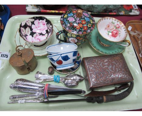 Six Silver Handled Walker &amp; Hall Knives, plated spoons, copper and silvered box, featuring fish 12.5 wide, Europa Travell