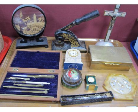 'Swan' Mabie Todd Ink Pen with 14Ct Nib, Geometry set, wax stand featuring flies to lid, Chinese brass box etc:- One Tray