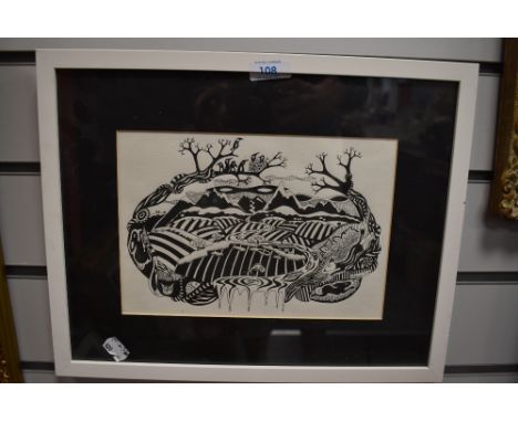 A wood block print depicting landscape flora and fauna after H.Paleman 2014