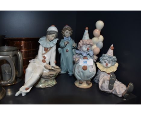 Four clown figure studies three by Lladro and one by Nao