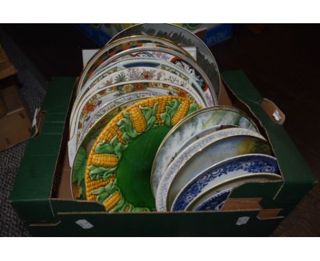 A good selection of various ceramic plates including Majollica style Chinese and Adams etc