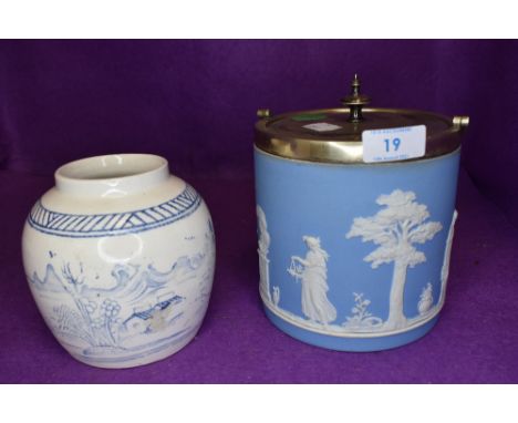 A biscuit barrel by Wedgwood in a light blue Jasper ware and a Chinese style ginger jar