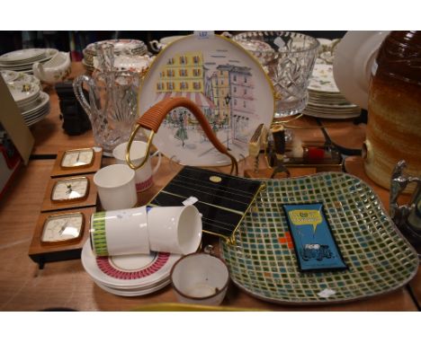 A selection of vintage kitsch and retro kitchen items including mosaic bowl, fruit stand and Elizabethan Calypso cups and sau