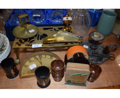 A mixed lot of vintage and antique items including bakelite egg cups, brass trivet,shoe horns, lacquered oriental pots,candle