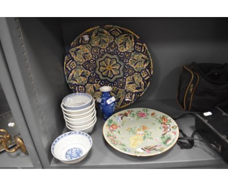 A selection of Chinese and similar ceramics including small hand decorated vase and Cantonese style enamel plate