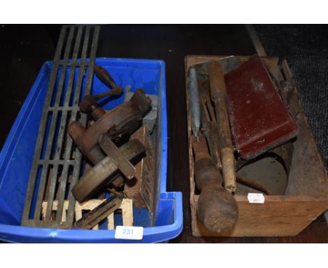 A collection of mixed vintage tools and hardware including scoops,scales and more.