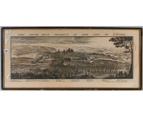 Antiquarian map titled 'South West Prospect of the City of Exeter' according to parliament in 1736 framed and glazed, 40cm x 