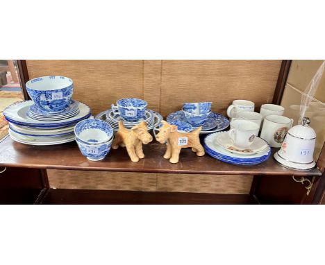 A collection of Italian Copeland Spode blue and white wares, also dishes, Coronation wares including Peace Mug etc,.