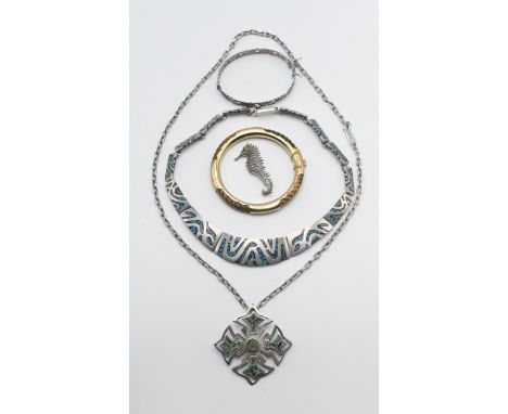 A small collection of jewellery to include silver and turquoise necklace, silver bangle etc.