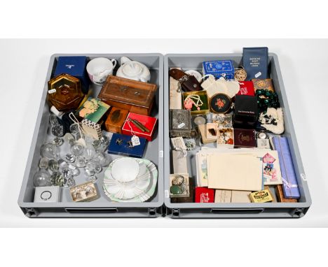 A quantity of costume jewellery along with porcelain, decanter stoppers, Mauchline ware, first day covers etc