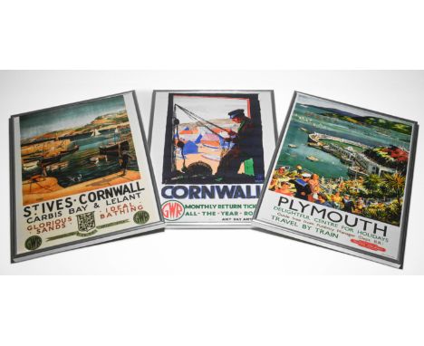 Three re-prints of Old Railway posters Inc. GWR Plymouth, each framed.