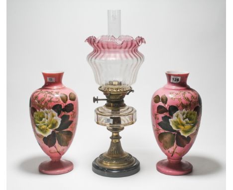 Pair of Victorian opaline and hand painted vases height 34cm, together with an oil lamp with colour glass shade with flower d