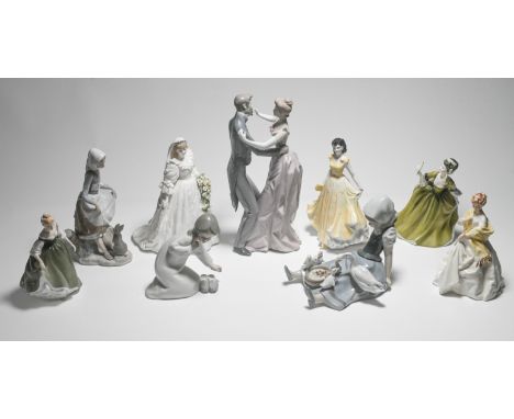 Lladro group of a Dancing couple, height 32cm together with three other Lladro figures also Royal Worcester figure First Danc