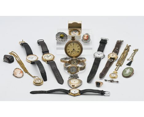 An Ingersoll pocket watch together with a collection of other assorted watches, cameos and a 9ct signet ring.