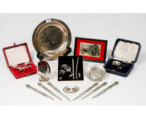 Mixed collection to include a cased set of six knives with fancy silver handles, a silver hallmarked picture titled 'Travelli