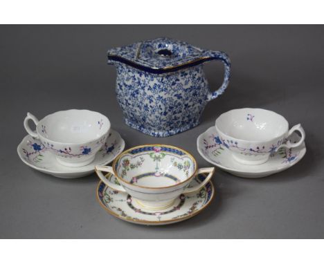 A Cube Shaped Edwardian Blue and White Teapot Together with Minton Two Handled Cup and Saucer and Two 19th Century Floral Pat