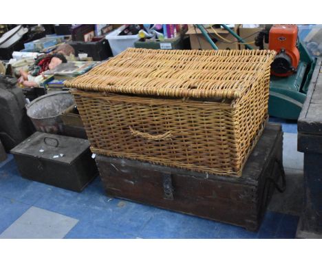 A Wicker Basket Containing Various Woodworking Accessories Together with a Metal Toolbox Containing Vintage Tools, 73cm wide 