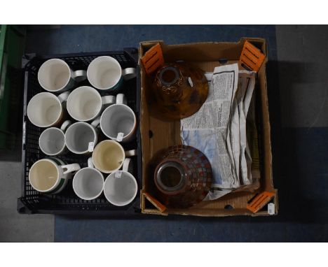 A Box of Ceramic Mugs and Glass Shades, Five Lead-lite Coloured Glass Panels etc