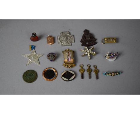 A Collection of Period Costume Jewellery and Medallions to Include Victorian Enamelled Brooch, Brass and Amber Glass Fob, Gil