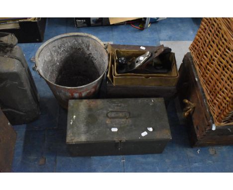 A Vintage Fire Bucket, Metal Toolbox, Rapier 400 Plane etc 