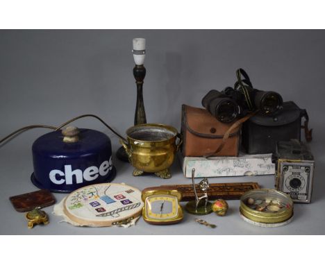 A Collection of Sundries to include Chinoiserie Lacquered Table Lamp, Boxed Cameras, Miranda 10x50 Binoculars, Enamelled Chee