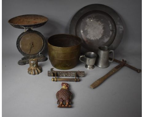 A Collection of Various Metalwares to include Hand Beaten Copper Planter, Early Lion Paw Door Porter (AF) Pewter Charger, Tan