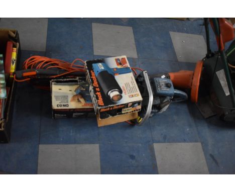 A Hot Air Paint Stripper, Homelite Petrol Chain Saw, Electric Strimmer and Belt Sander 
