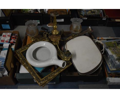 Two Boxes of Sundries to Include Gilt Picture Frames, Ronson Escort Hair Dryer, Various Tools, Kitchenwares etc 