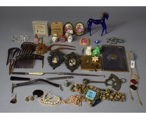 A Collection of Sundries to Include Vintage Costume Jewellery, Ceramic Animals, Miniatures, Greek Blue Glass Horse, Vintage C