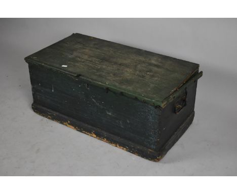 A Green Painted Pine Tool Box Containing Vintage Tools and Metalwares, 77cm wide 