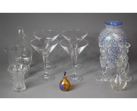 A Collection of Plain and Coloured Glassware to include Italian Coloured Hand Blown Perfume Flask, Four Cocktail Glasses, Vas