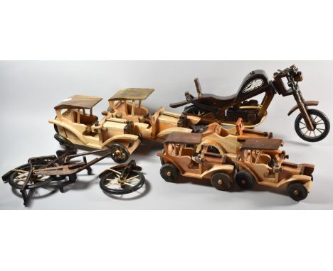 A Collection of Five Wooden Vintage Car Models, Harley Davidson Model and a Push Bike (AF) 