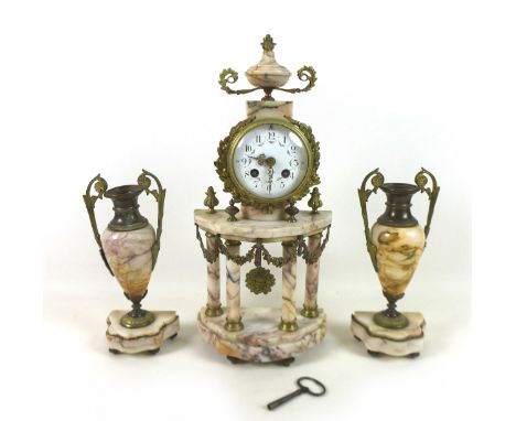 A French pink marble portico clock garniture set, the clock 44cm tall, striking on a bell.Some general wear, running and stri