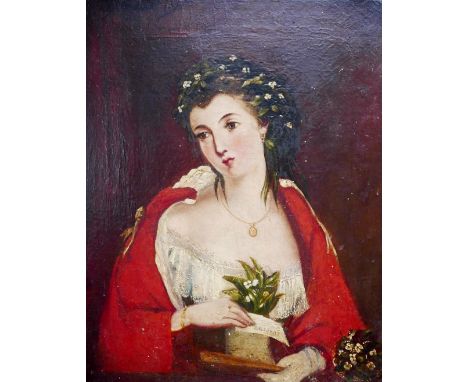 British School (19th century): a half length portrait, depicting a lady wearing a red cape, with flowers in her hair, oil on 