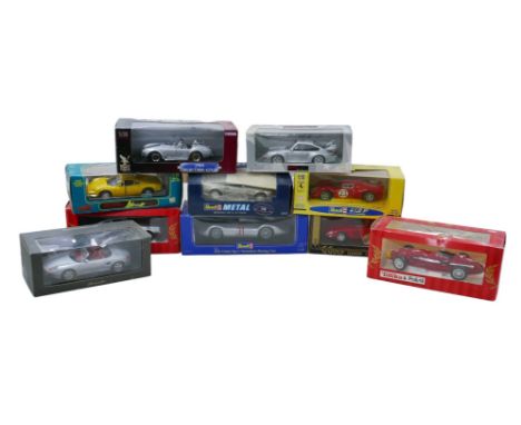 Eight 1/18 scale die-cast model sports cars, including eight 1/18 scale models, a Revell 'Jouefevolution Ferrari 412P' and a 